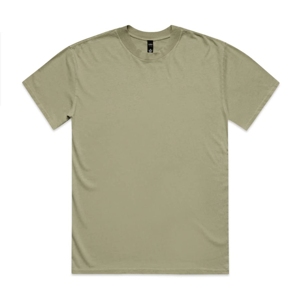 A heavy faded tee in a muted olive green colour with a round neckline and short sleeves. Features a logo on the label.
