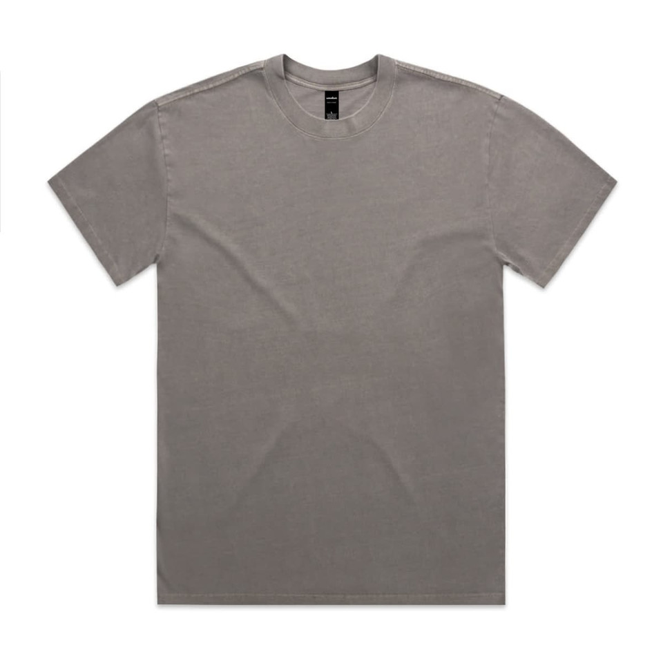 A faded grey t-shirt with a classic crew neck and short sleeves, featuring a logo.