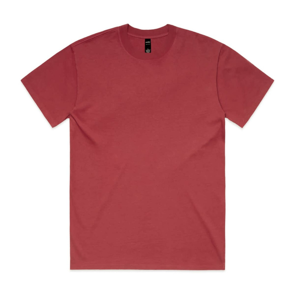 A red heavy faded tee, featuring a classic short-sleeve design and a small logo on the label.
