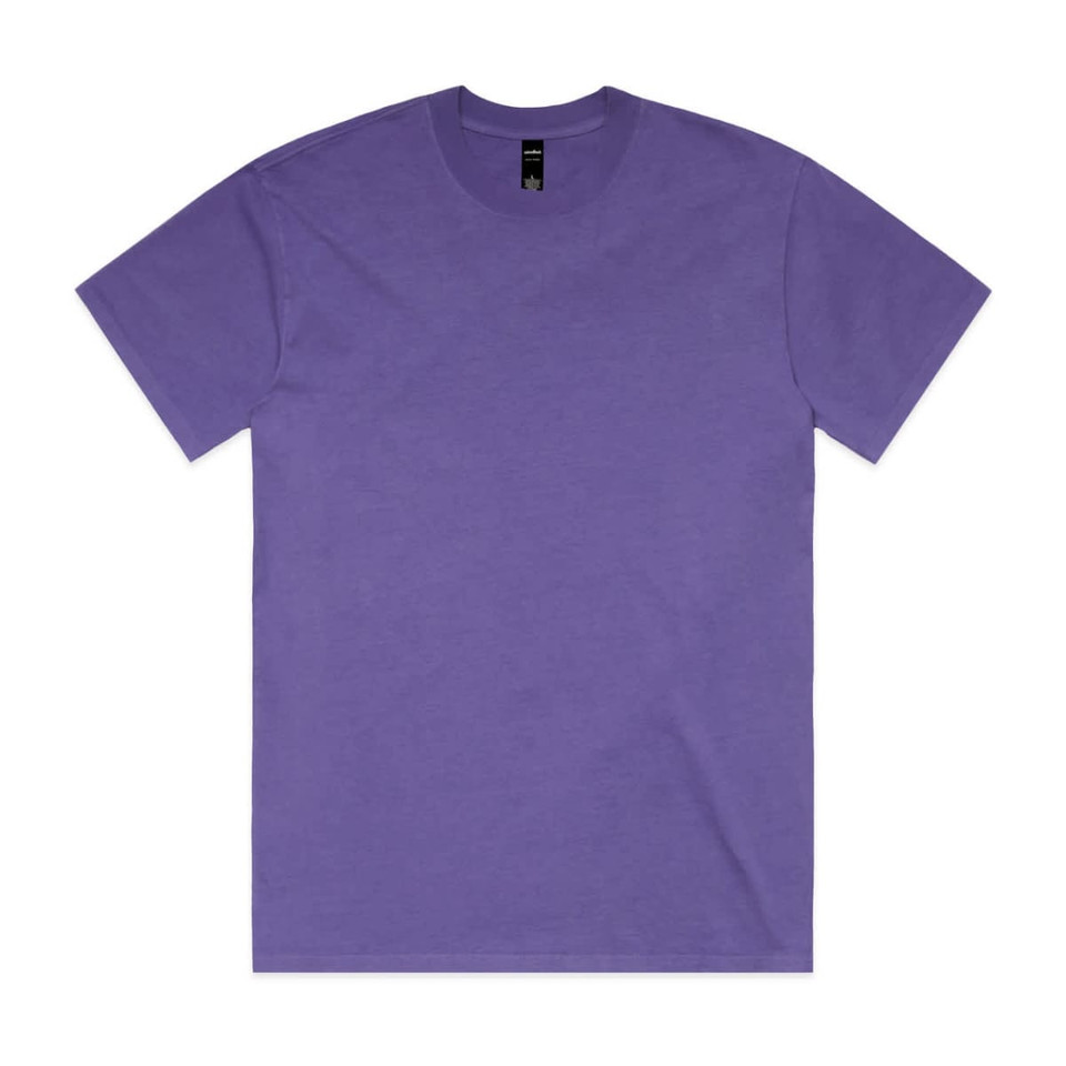 A purple heavy faded tee with a classic crew neck design and short sleeves. It features a logo on the label.