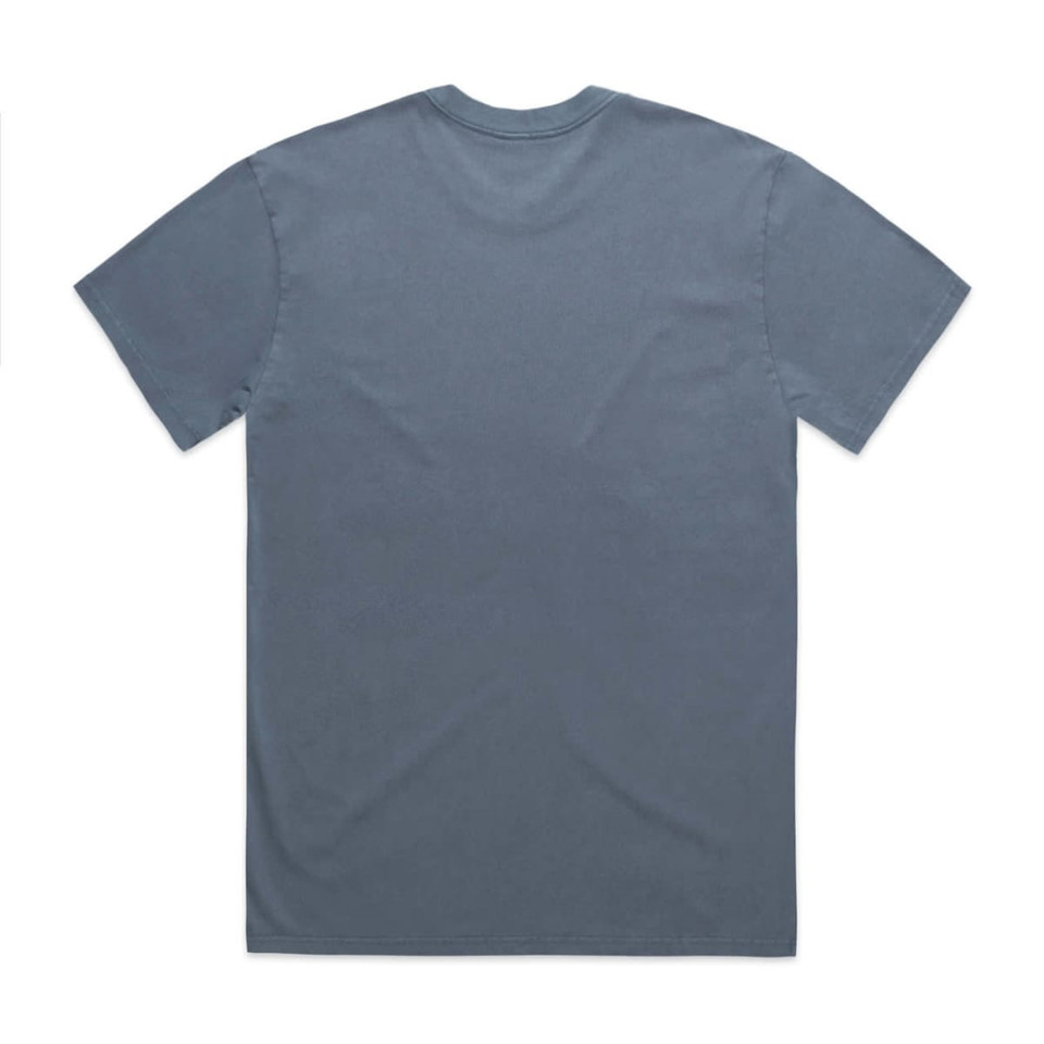 A faded blue t-shirt featuring a crew neck and short sleeves, with a logo on the back.