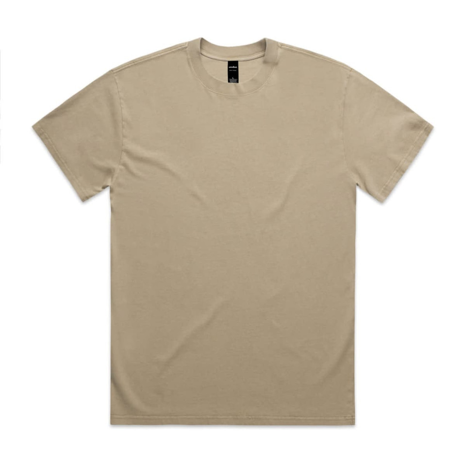 A beige Heavy Faded Tee with a simple design, featuring a logo on the label.