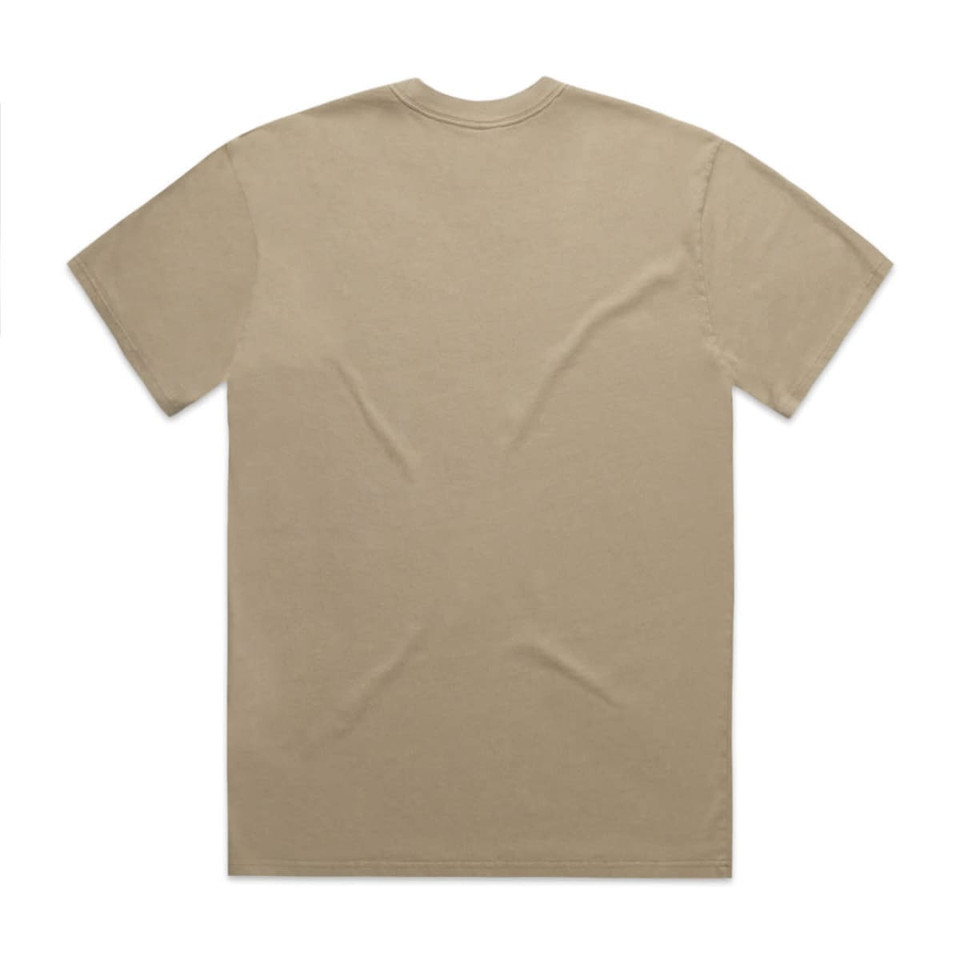A khaki heavy faded tee, featuring a classic crew neck and short sleeves, with a branding logo.