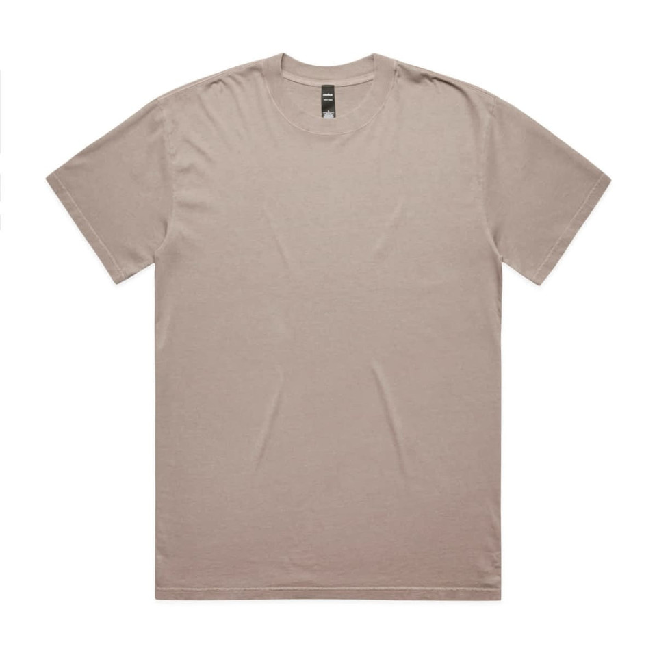 A beige heavy faded tee shirt with a plain design and a label at the neckline. It has no visible logos or branding.