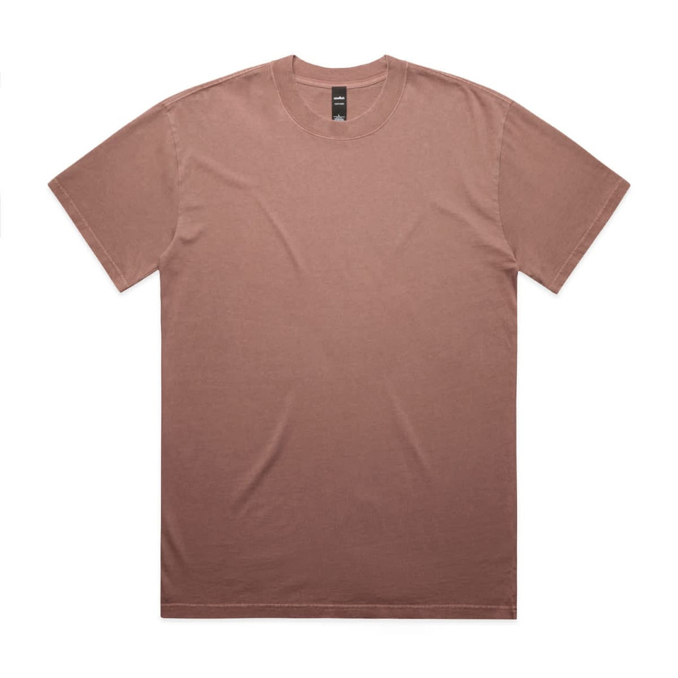 A heavy faded tee in a muted brown colour with a round neckline and short sleeves. It features a logo.