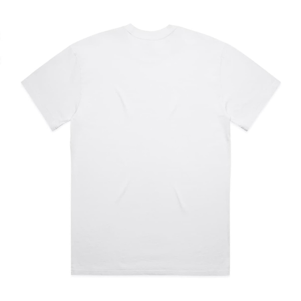 A plain white T-shirt featuring a crew neckline and short sleeves, with a logo on the back.