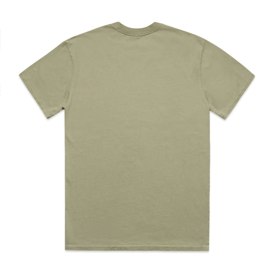 A t-shirt in a faded olive green colour, featuring a simple design and a logo on the back.