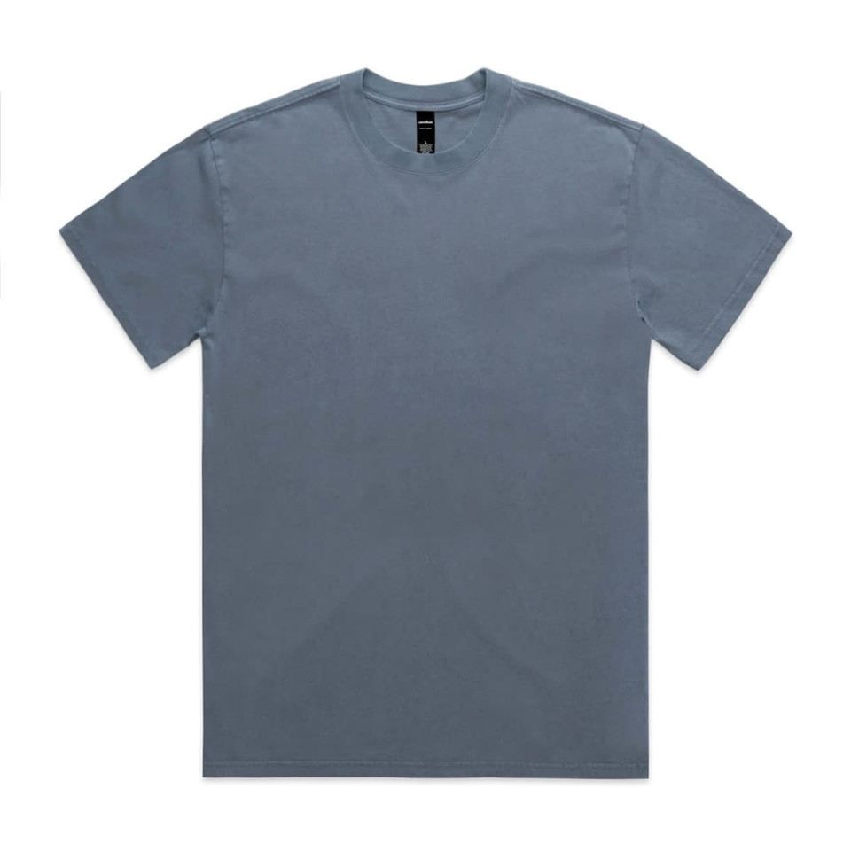A heavy faded tee in a soft blue colour, featuring a rounded neck and short sleeves. It has a logo on the label.