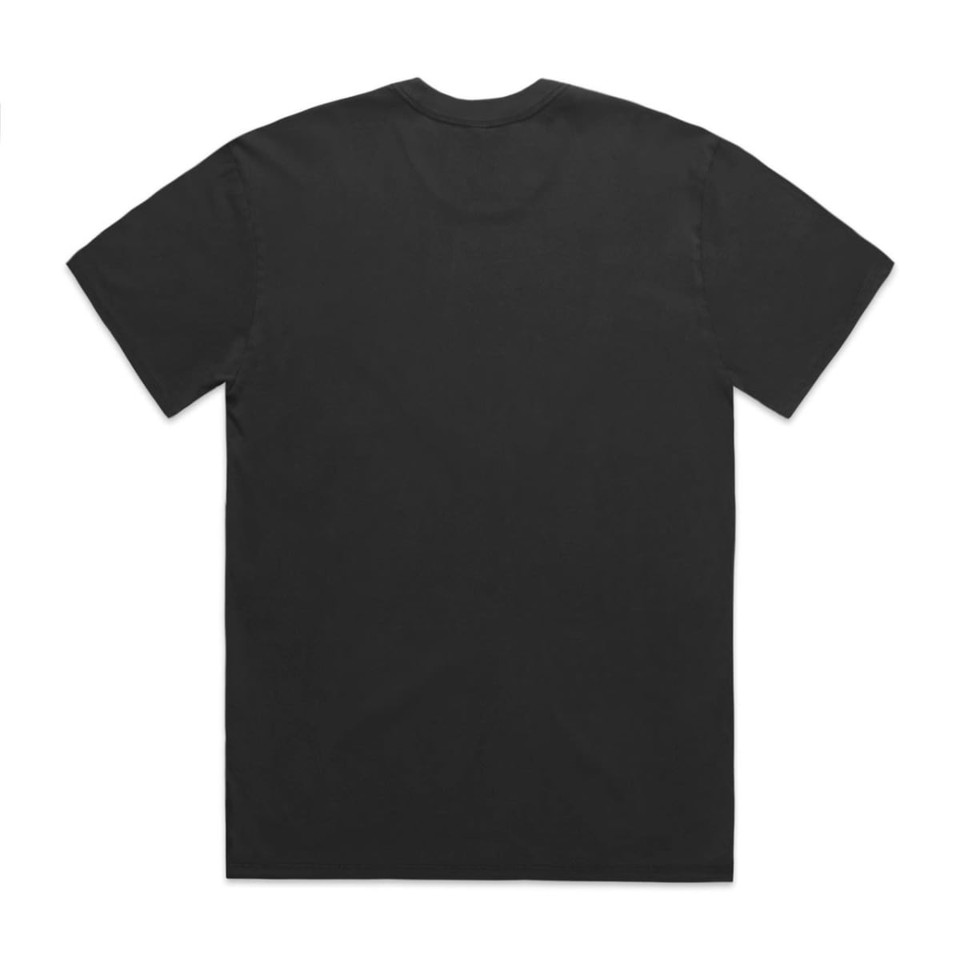 A black T-shirt featuring a simple design and a logo. It has a relaxed fit and a classic crew neck.