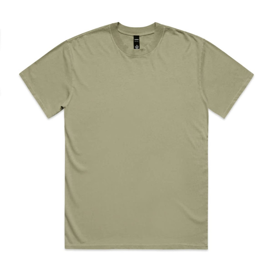 A light khaki t-shirt with a crew neckline and short sleeves. It features a logo on the tag.