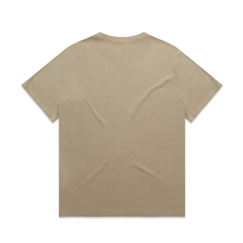 A faded beige t-shirt with short sleeves and a back view, featuring a logo.
