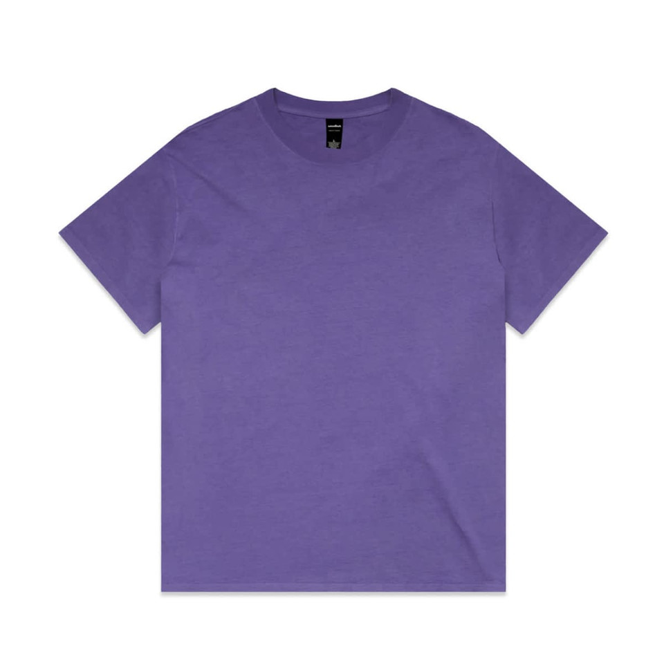 A purple heavy faded T-shirt with short sleeves and a simple design. It features a logo on the label.