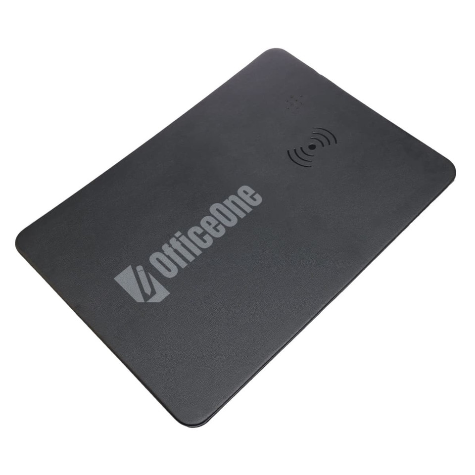 A wireless charger and mouse pad combination in a sleek black design, featuring the logo "OfficeOne."