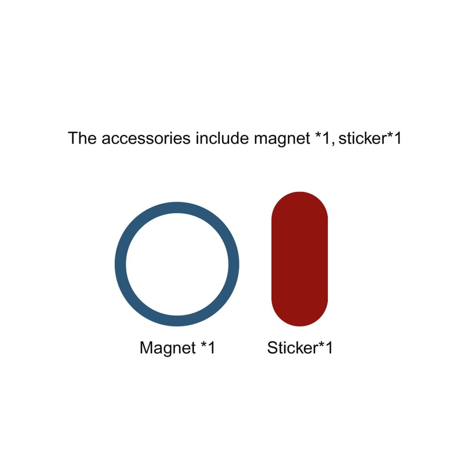 A round blue magnet and a rectangular red sticker are featured in the image as accessories.