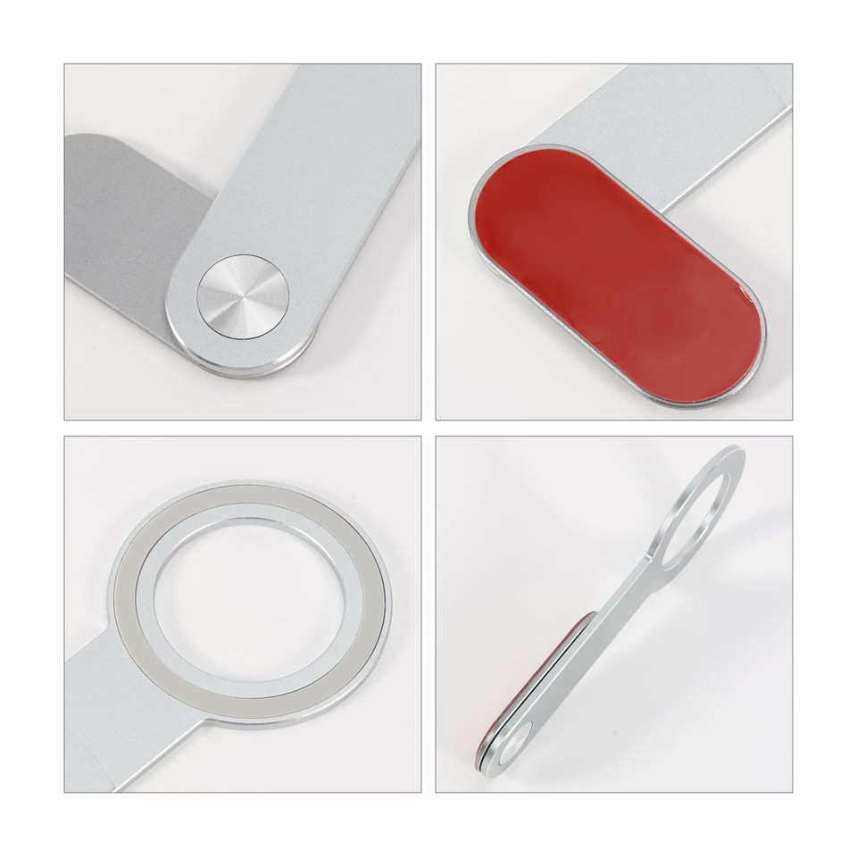 A silver and red magnetic phone holder with a sleek design, featuring multiple angles showcasing its components.