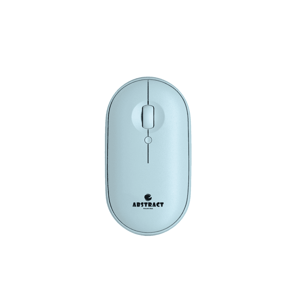 A light blue wireless travel mouse with a scroll wheel and a logo on the surface.