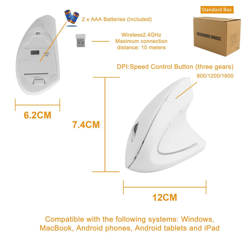 An ergonomic wireless mouse in white, featuring speed control buttons and a USB receiver, included in a standard box.