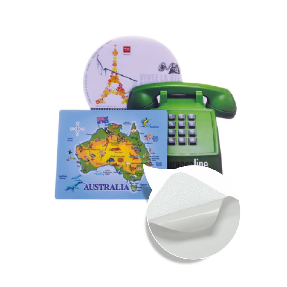 Three mouse mats in various shapes featuring colourful designs, including a map of Australia, an Eiffel Tower, and a vintage green phone.