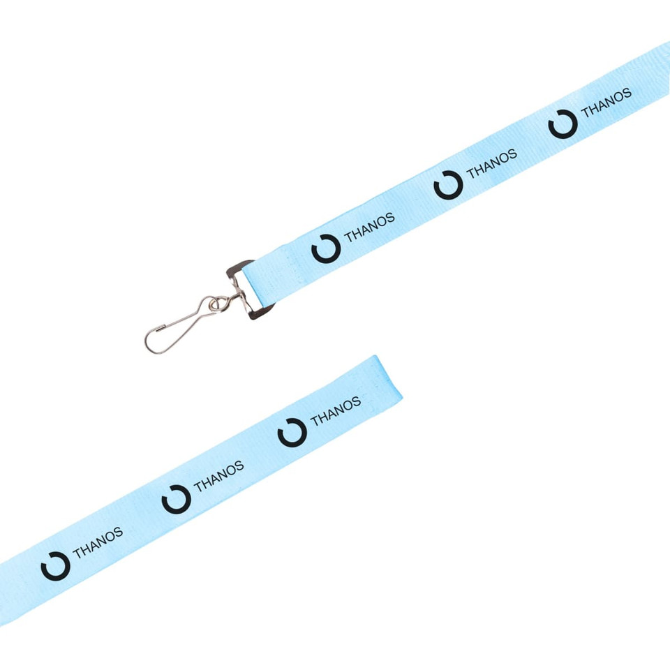 A light blue lanyard featuring a logo and text, designed for attaching items easily.
