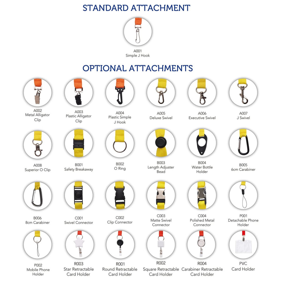 A variety of lanyard attachments displayed, featuring colours like yellow and orange, with different connector options.