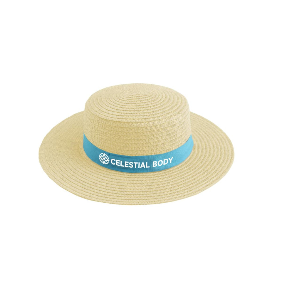 A straw hat in a natural beige colour, featuring a light blue ribbon and a logo.