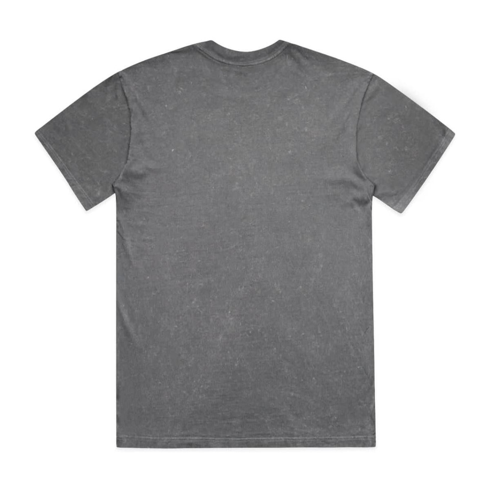 A grey stone wash heavy tee with a relaxed fit, featuring a logo on the back.