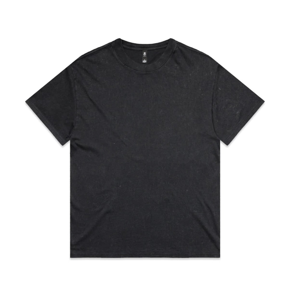 A black stone wash heavy tee with a relaxed fit, featuring a labelled neckline.