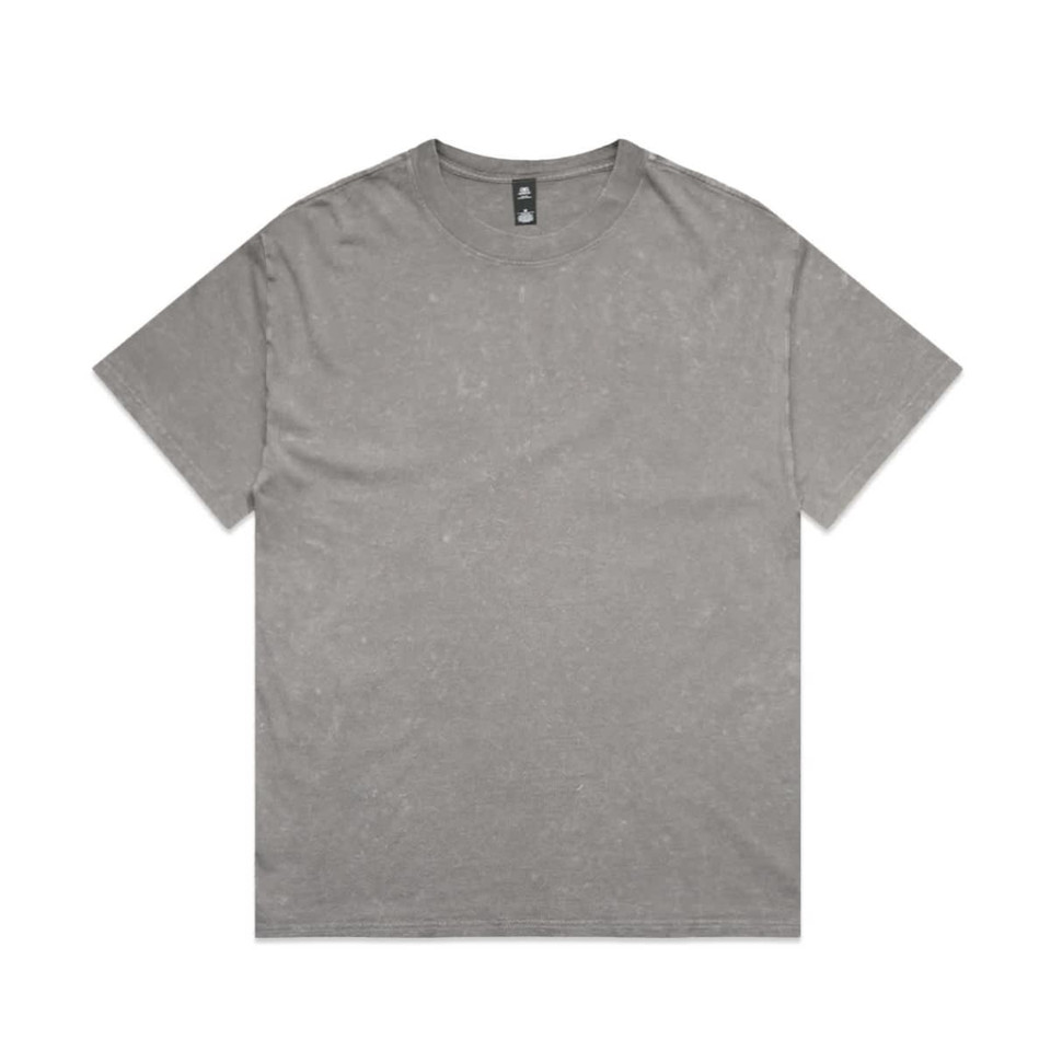 A grey Stone Wash Heavy Tee featuring a relaxed fit and a branding label on the neck area.