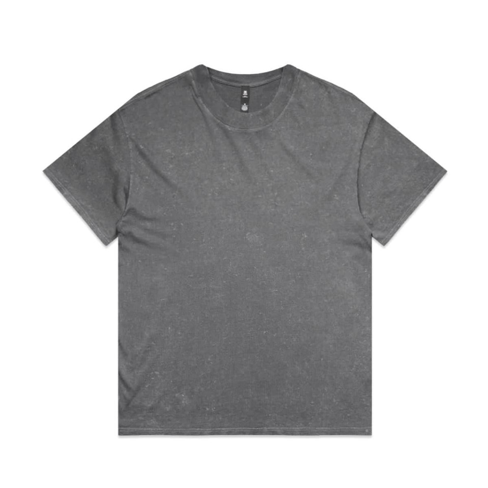 A grey Stone Wash Heavy Tee, featuring a relaxed fit and a subtle texture, with a branding label in the neckline.