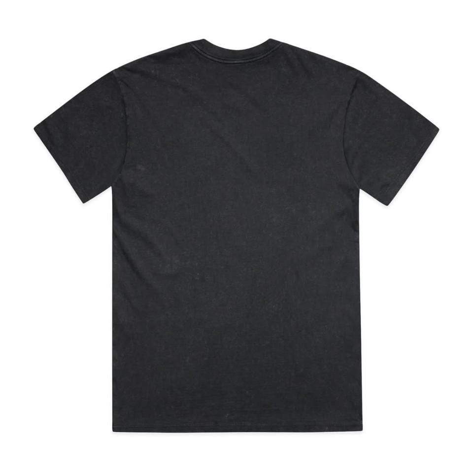 A black heavy tee with a casual design and a visible logo on the back.