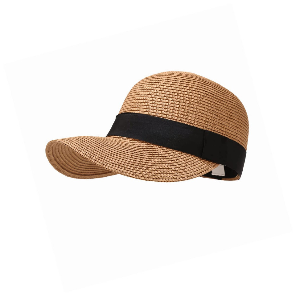 A straw cap featuring a tan woven design and a black fabric band. It has a curved brim and an adjustable back.