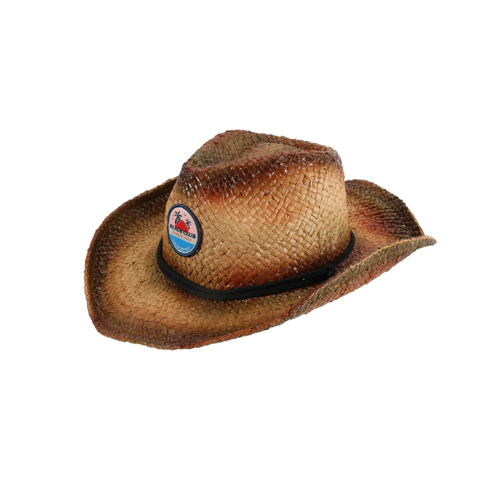 A tan straw cowboy hat with a faded brim and a logo badge on the front.