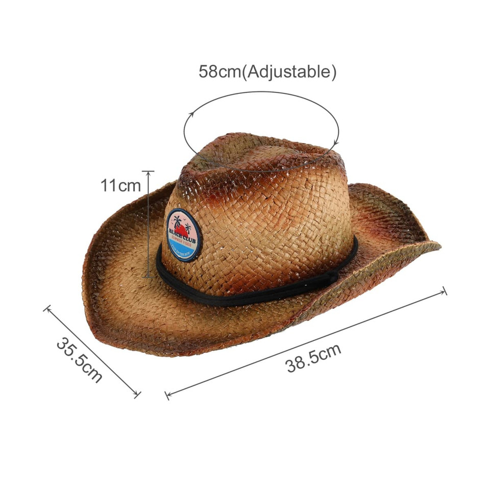 A straw cowboy hat in shades of brown, featuring an adjustable band and a logo on the front. Dimensions provided.
