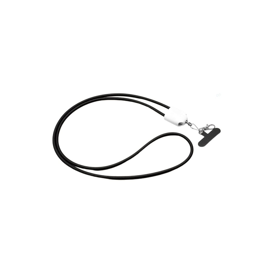 A black lanyard with a white connector and a clip at one end, designed for holding various items.