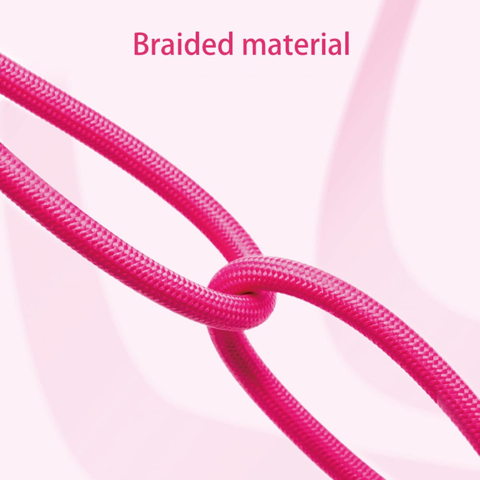 A close-up of a pink braided material with a knot, highlighting its texture and durability.