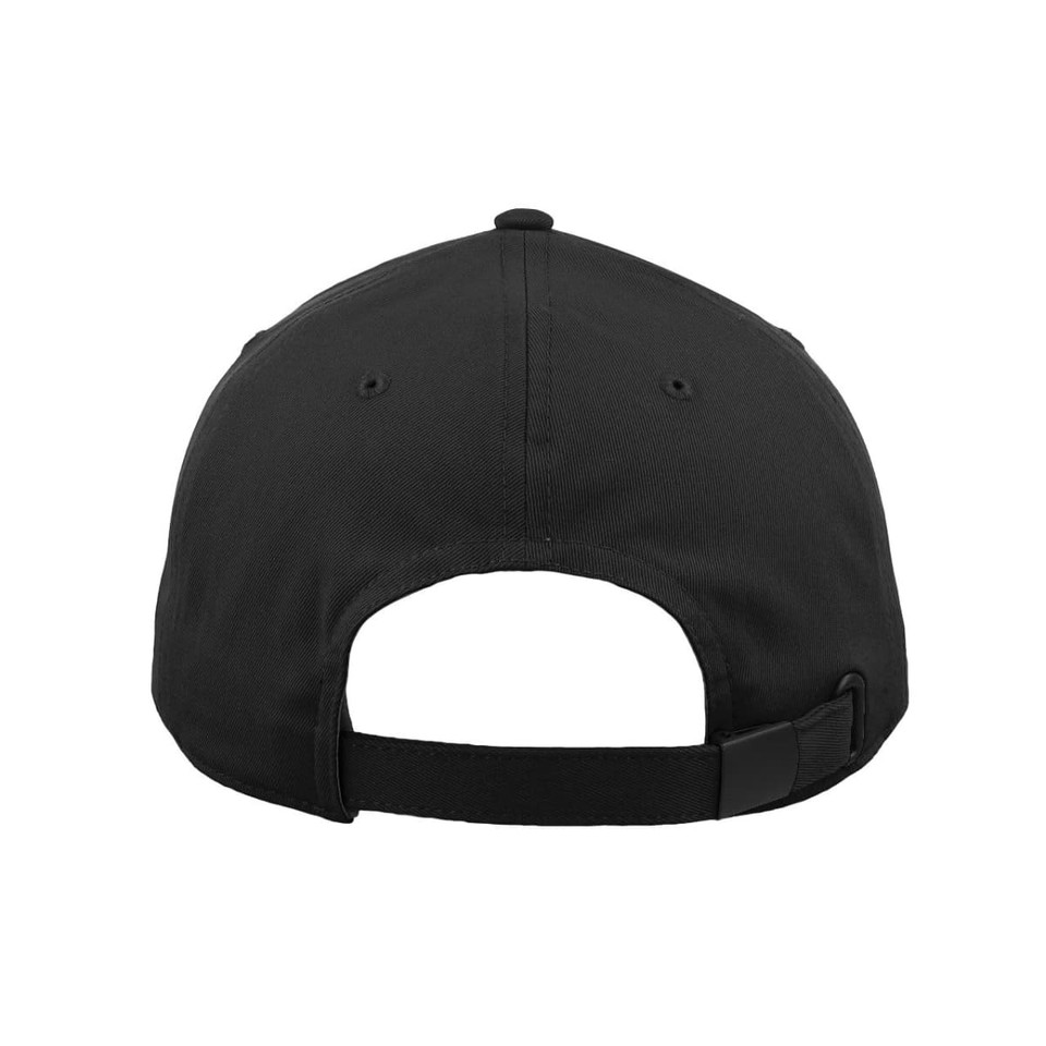 A black classic 6 panel cap featuring a rear adjustment strap and a logo on the back.