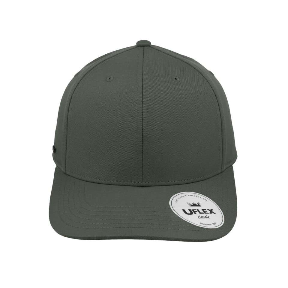 A green classic 6-panel cap with a curved brim and a logo on the side.
