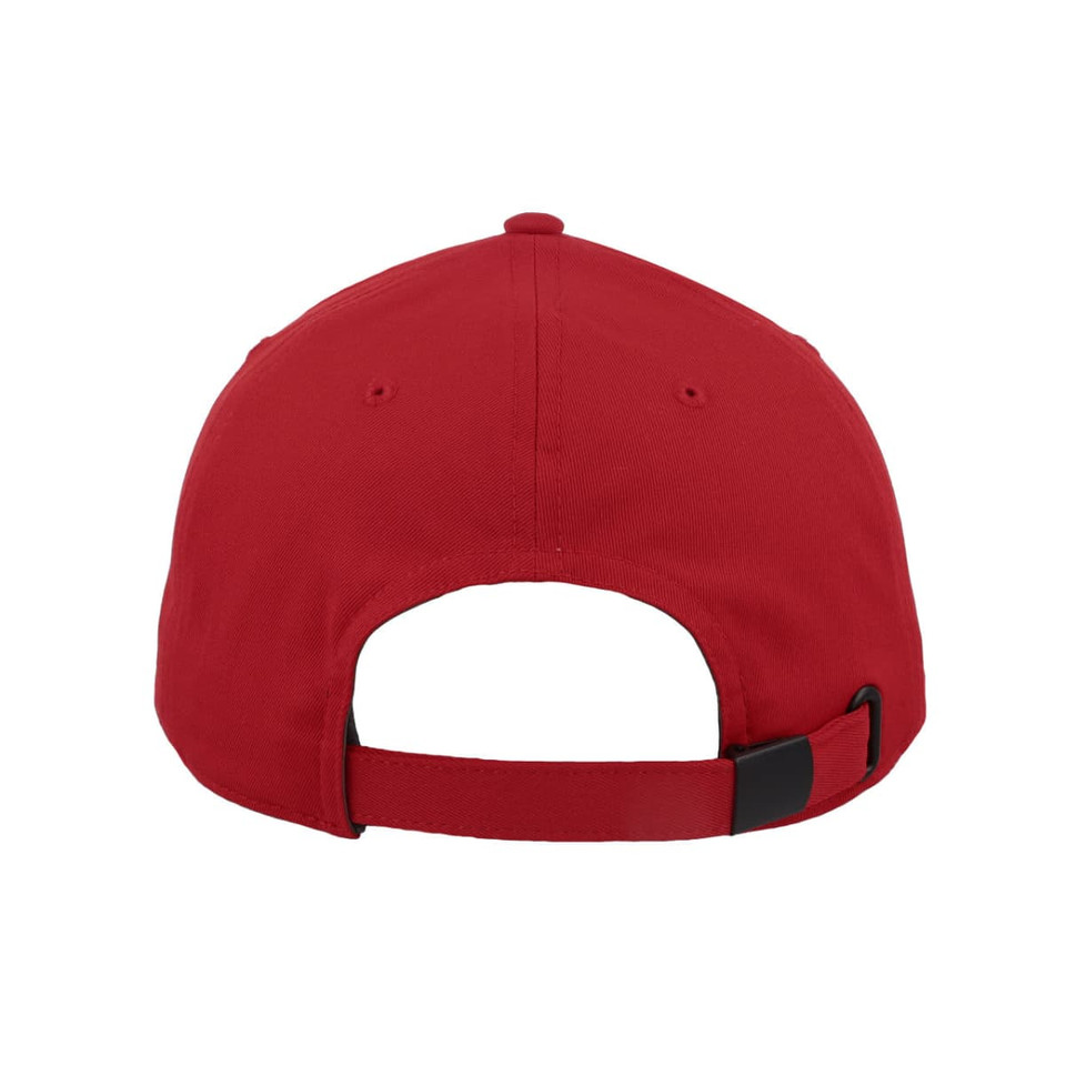A red classic 6-panel cap featuring a buckle closure at the back and a plain design.
