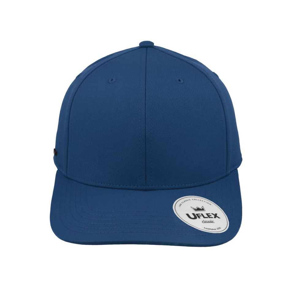 A solid blue classic 6-panel cap featuring a logo on the side and a curved peak.