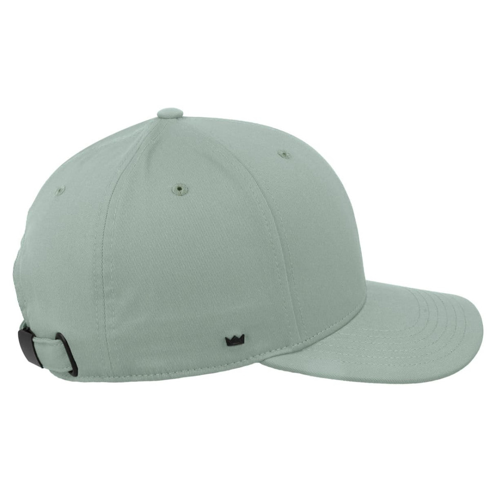 A classic six-panel cap in a muted green shade with an adjustable strap and a small logo on the side.
