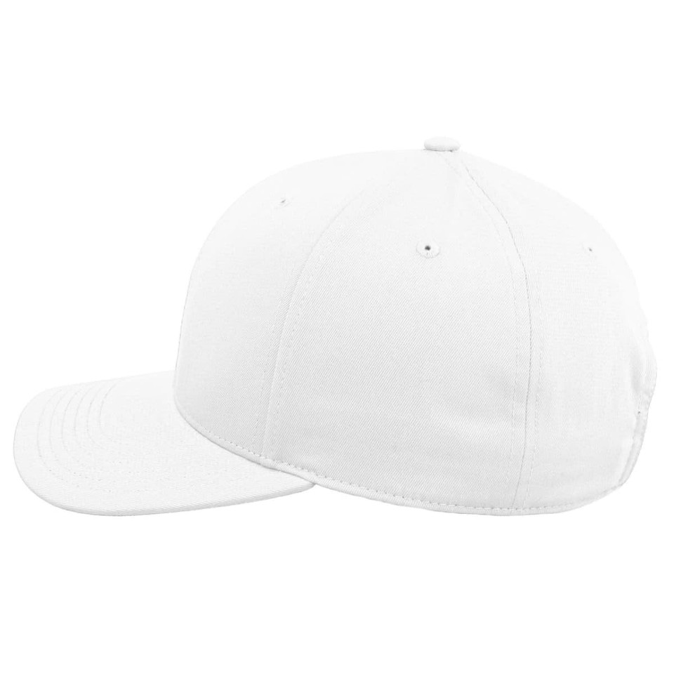 A white classic 6 panel cap featuring a curved brim and a sweatband, with a logo on the side.