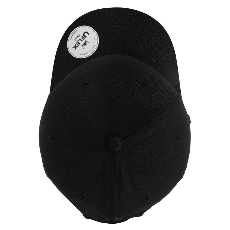 A classic black five-panel cap featuring a curved peak and a logo on the side.