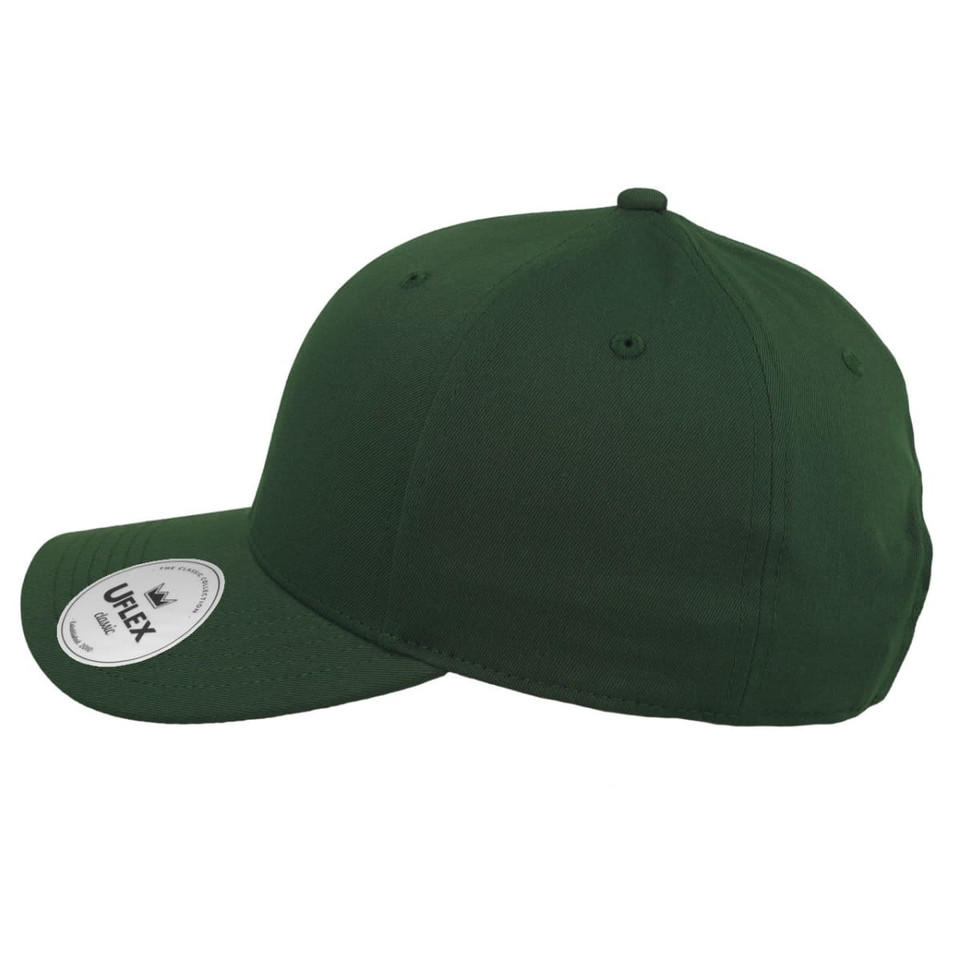 A green Classic 5 Panel Cap with a rounded crown and a curved peak, featuring a logo on the front.