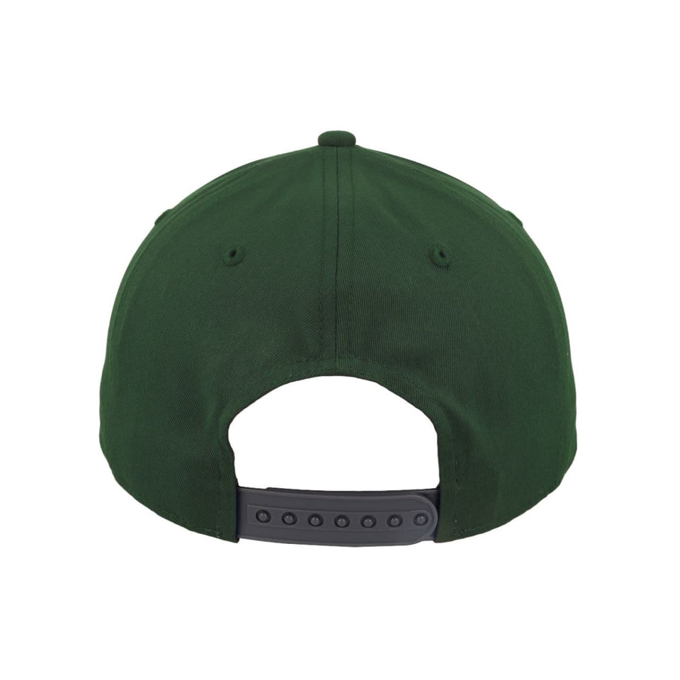 A green classic 5 panel cap featuring a snapback closure and a logo on the back.