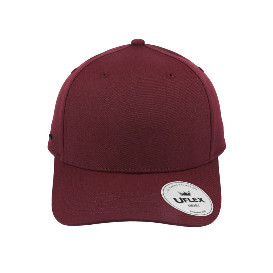 A maroon classic 5 panel cap with a curved brim and a small logo on the side.