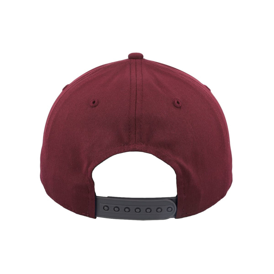 A maroon Classic 5 Panel Cap with a snapback closure at the rear, featuring a logo.