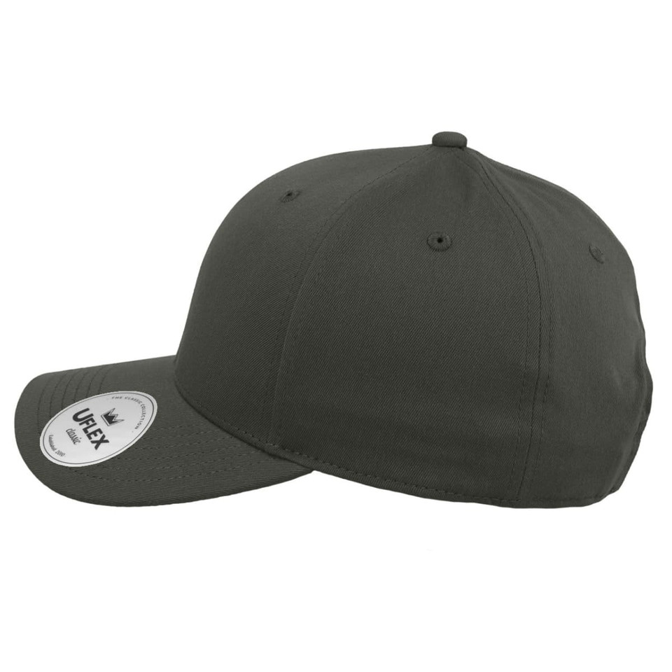 A classic five-panel cap in olive green with a curved brim and a logo on the side.