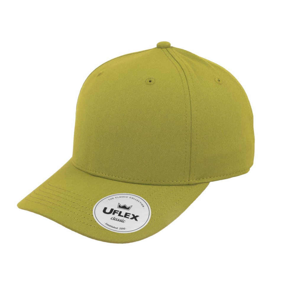 A green classic 5 panel cap with a round logo on the front and a curved brim.
