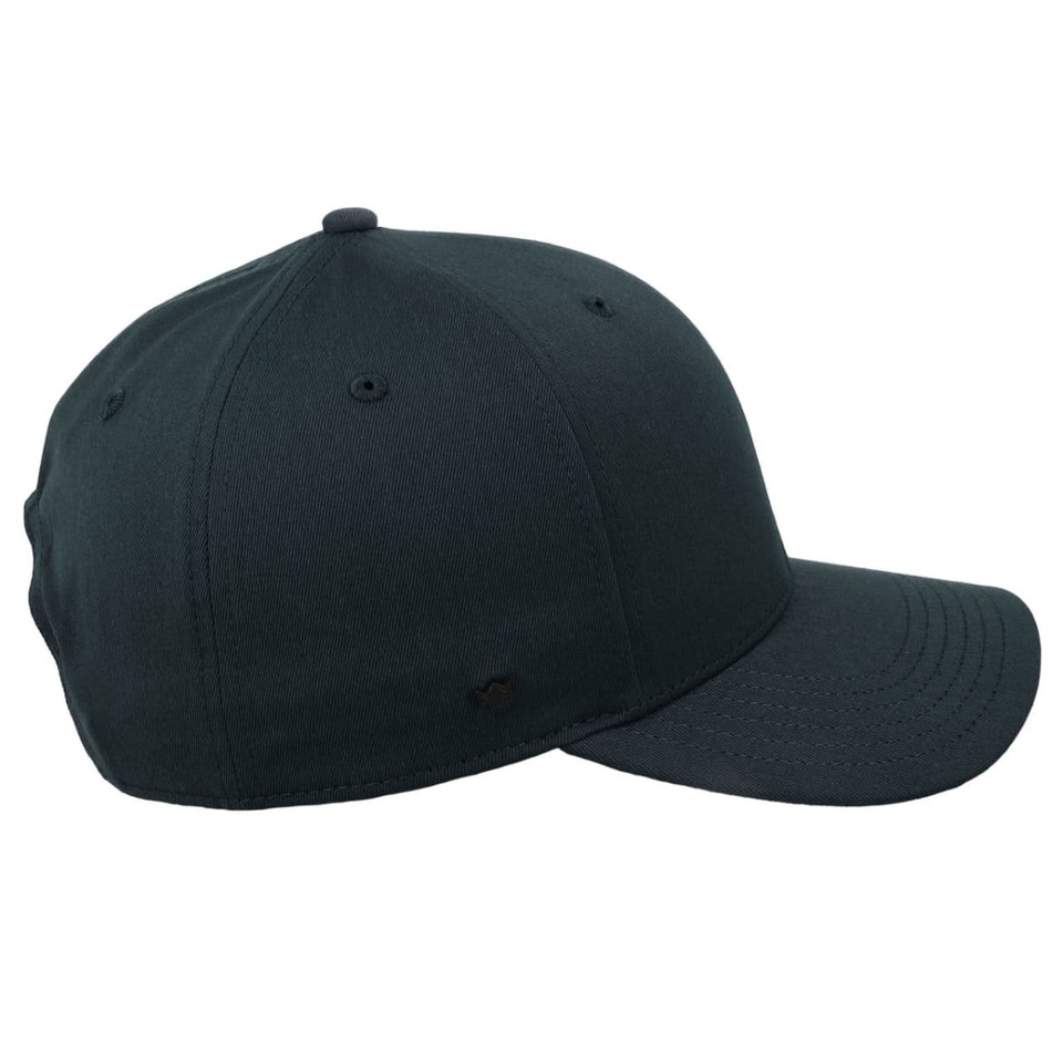 A dark green classic 5 panel cap featuring a rounded crown and a curved brim. It has a logo on the side.