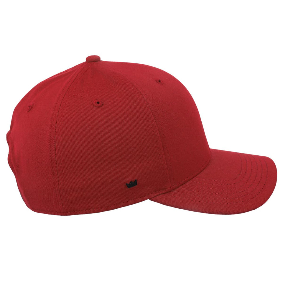 A red classic 6-panel cap with a curved brim and a small logo on the side.